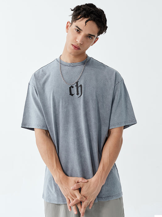 T-shirt Men's Washed And Worn Cotton Tide Brand Loose Wild Drop Shoulder Black Boys Half-sleeved
